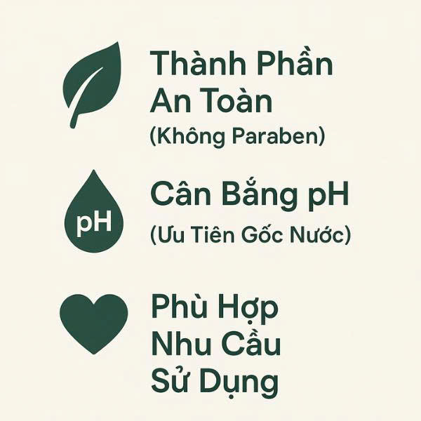 Infographic thể hiện 3 tiêu chí vàng để chọn gel bôi trơn cho nữ: thành phần an toàn, cân bằng pH (ưu tiên gốc nước), và phù hợp nhu cầu sử dụng.